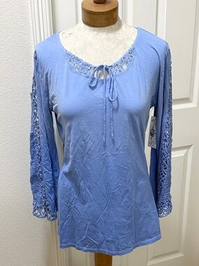 Witness Boho Blue Tie-Neck Tunic with Flared Crochet-Sleeves - L (1), XL (1)